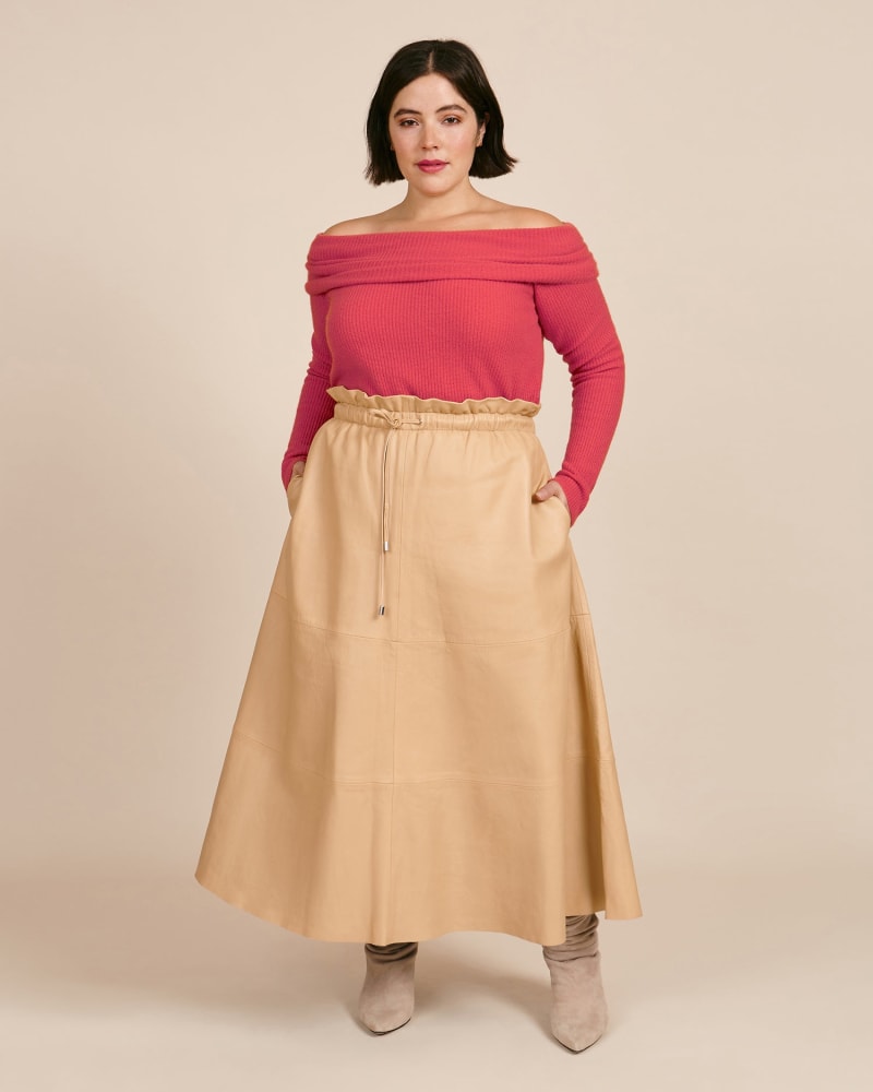 Front of a model wearing a size 20 Canvas Leather Skirt in Chino by VEDA. | dia_product_style_image_id:224459